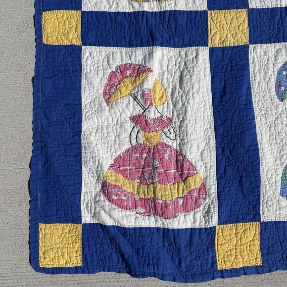 Vintage Parasol Ladies Quilt Hand Stitched Appliqués Blue Border Twin 74”X91” - Picture 6 of 16